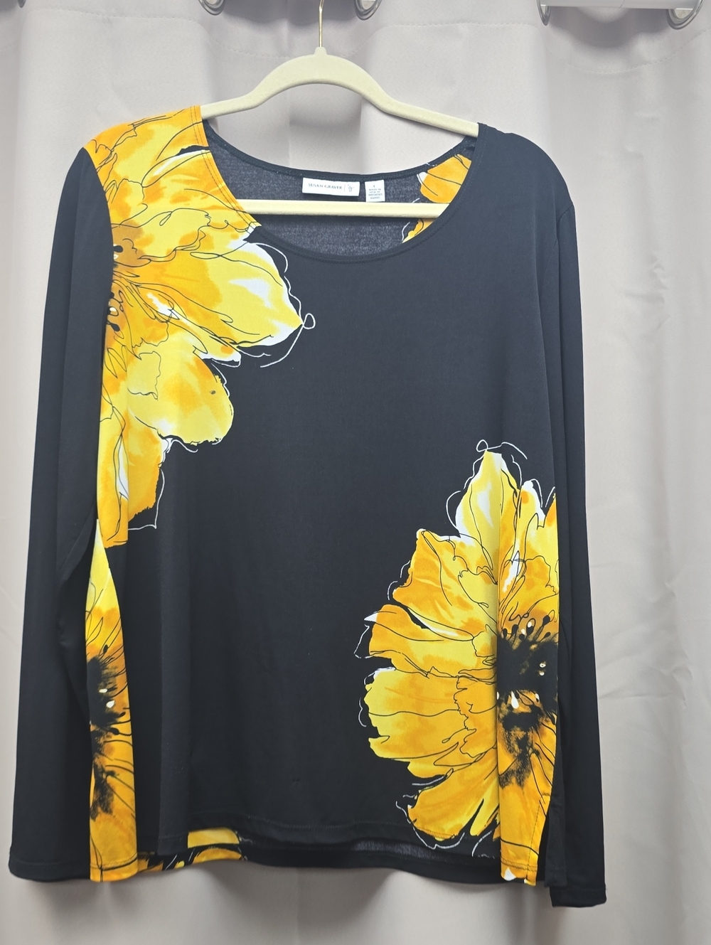 Susan Graver Black Long Sleeve Top with Yellow Floral Print